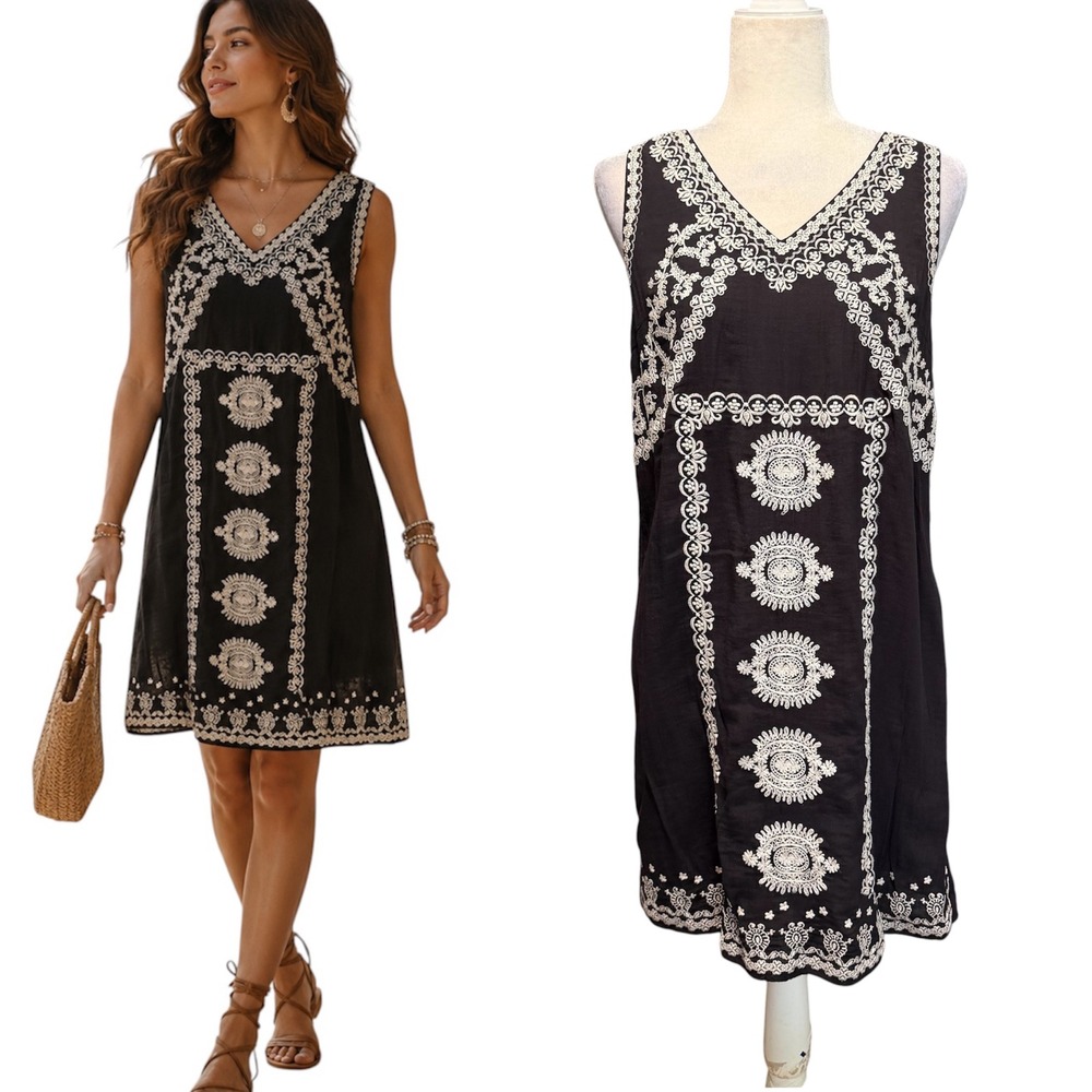 THML Dress Womens M Black Shift Bohemian V-Neck Embroidered Sleeveless Peasant‎